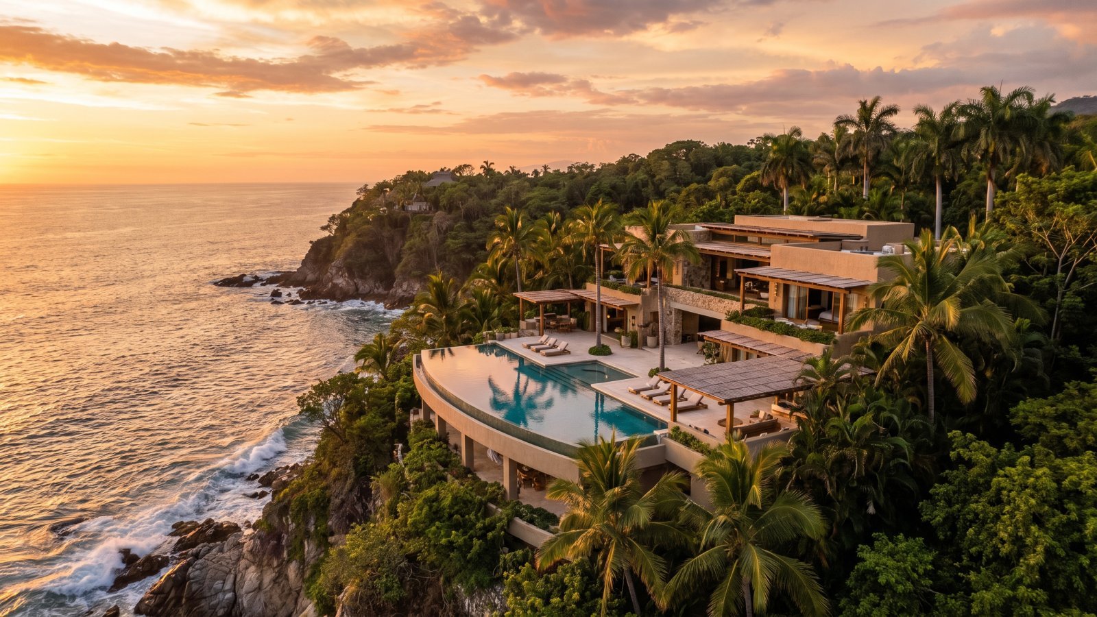 Vista aérea con dron de una villa de lujo en la costa del Pacífico mexicano al atardecer