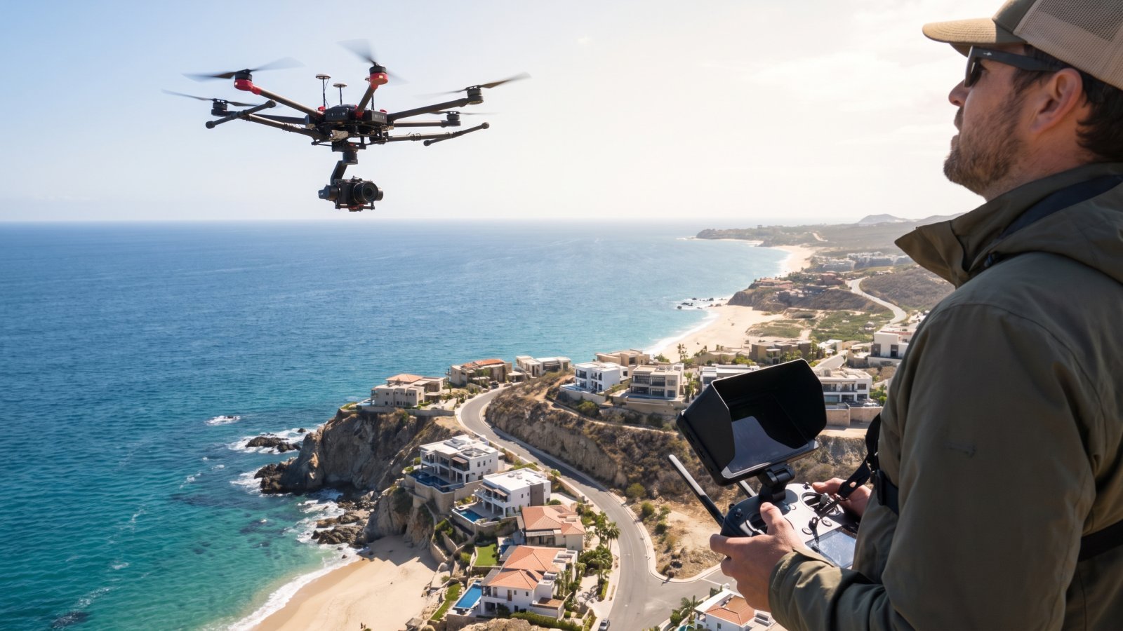 Drone pilot operating during a coastal photo shoot